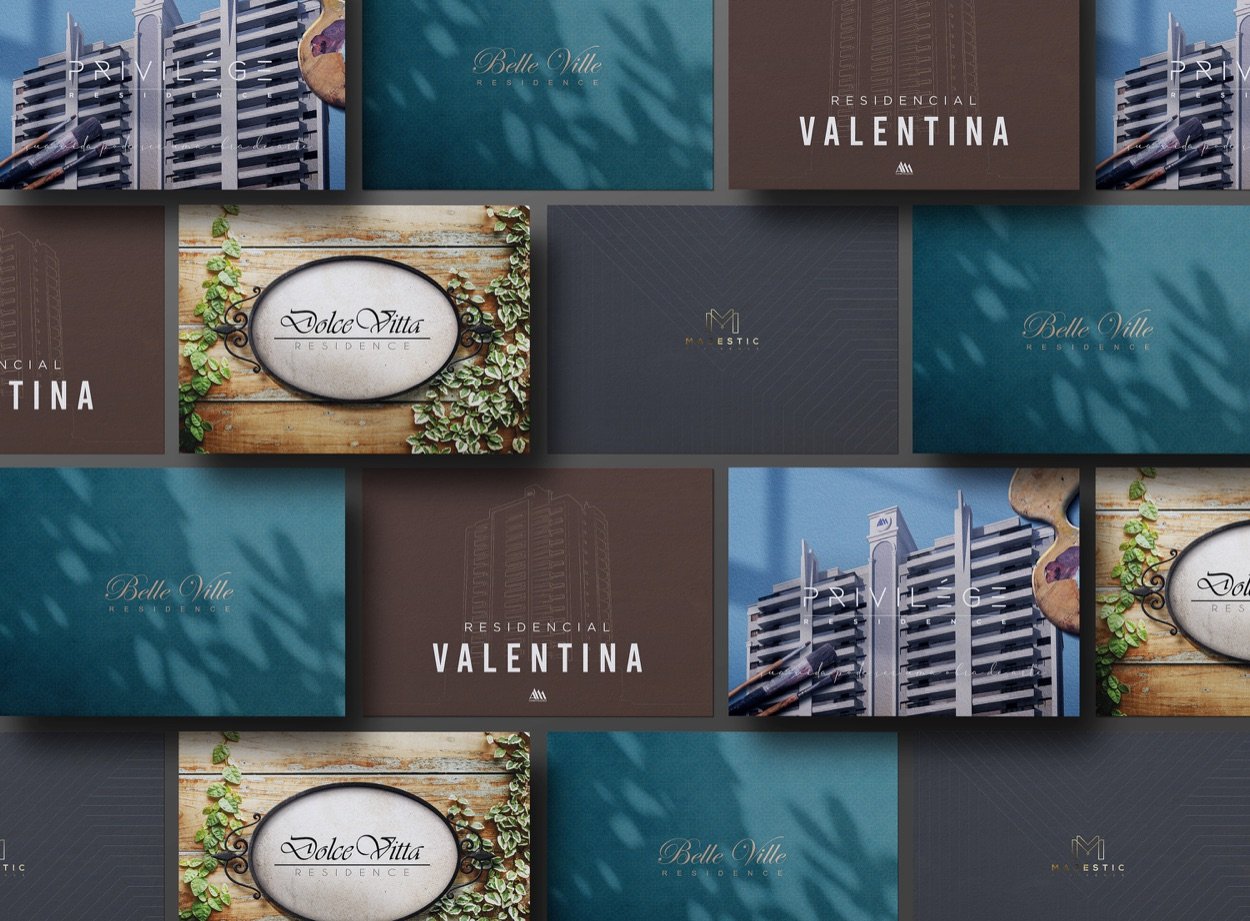 Identidade AM Construções aplicada aos residenciais Privilège, Belle Ville, Valentina e Dolce Vitta