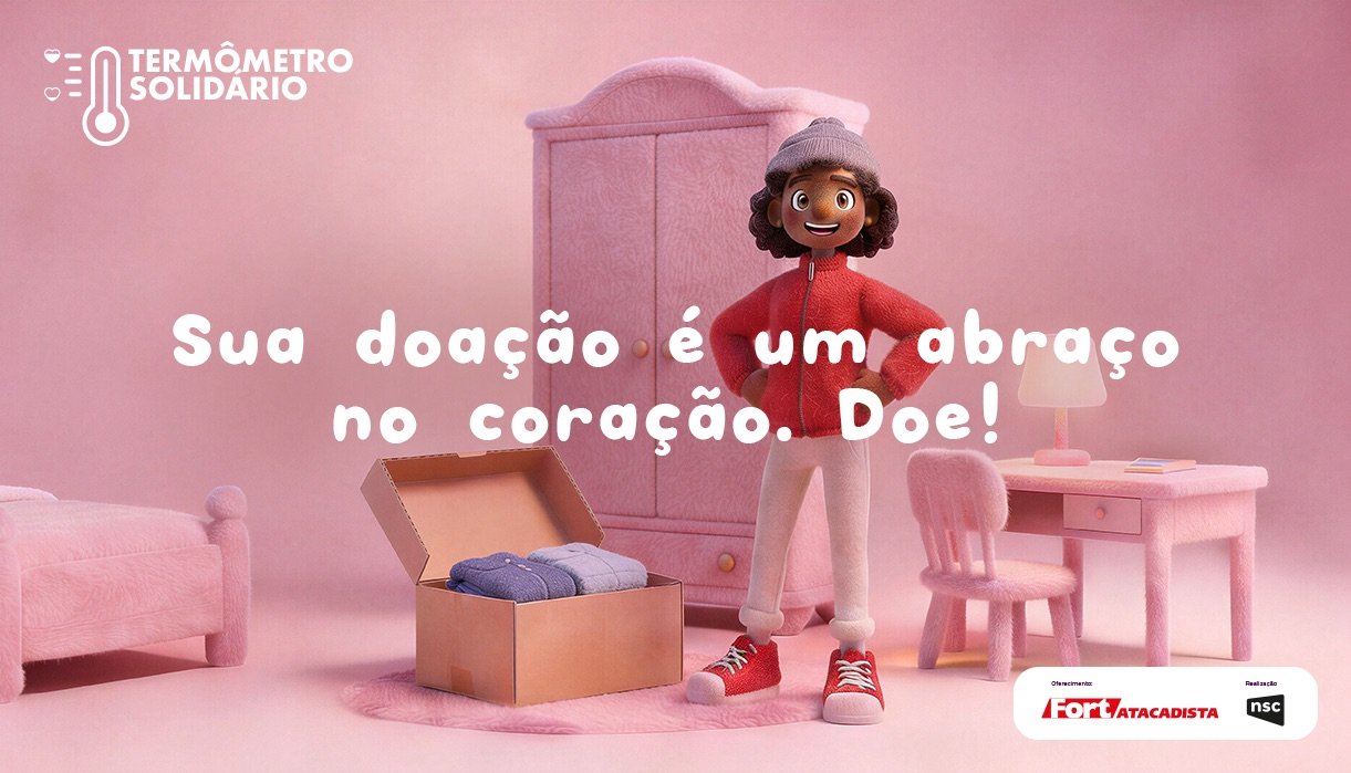 Cena em pelúcia da campanha do Termômetro Solidário